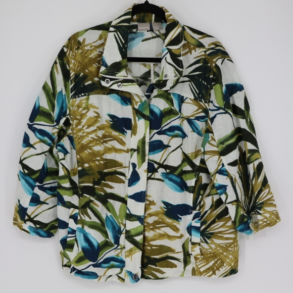 Chico's Jackets & Blazers - Chico's Womens Zip-Front Tropical-Print Linen Jacket Size 16/18 Full Zip Coastal